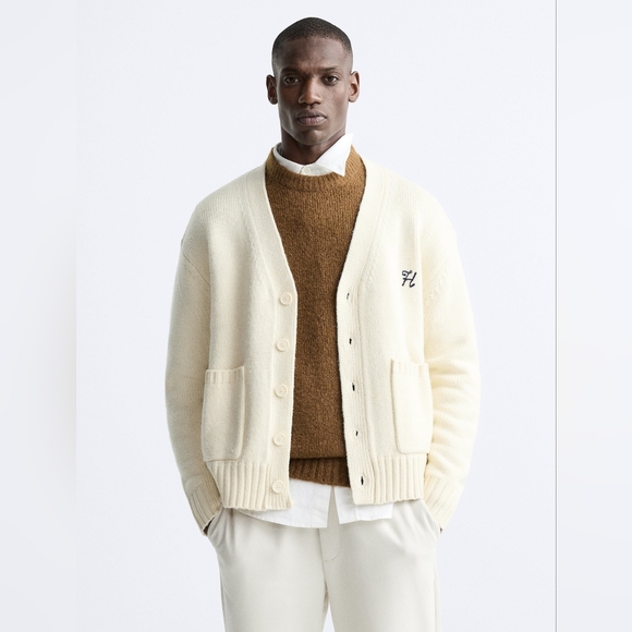 Zara Other - Zara Embroidered Text Cardigan - "Brave Hearts Club" - Cream - Men's Size L